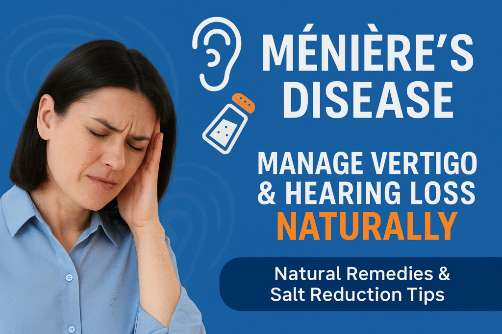 A thumbnail image about Ménière’s Disease showing a woman with vertigo, ear and salt icons, and text that reads 'Manage Vertigo & Hearing Loss Naturally – Natural Remedies & Salt Reduction Tips' on a blue background