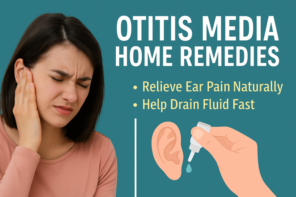 A woman holding her ear in pain next to text reading 'Otitis Media Home Remedies – Relieve Ear Pain Naturally and Help Drain Fluid Fast,' with an illustrated hand applying ear drops to an ear