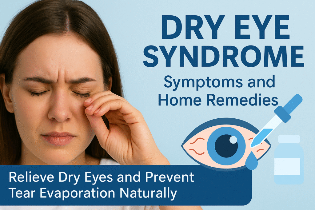 A woman experiencing dry eye discomfort touches her eye, next to text reading 'Dry Eye Syndrome: Symptoms and Home Remedies' with an illustration of an eye and dropper to emphasize natural relief