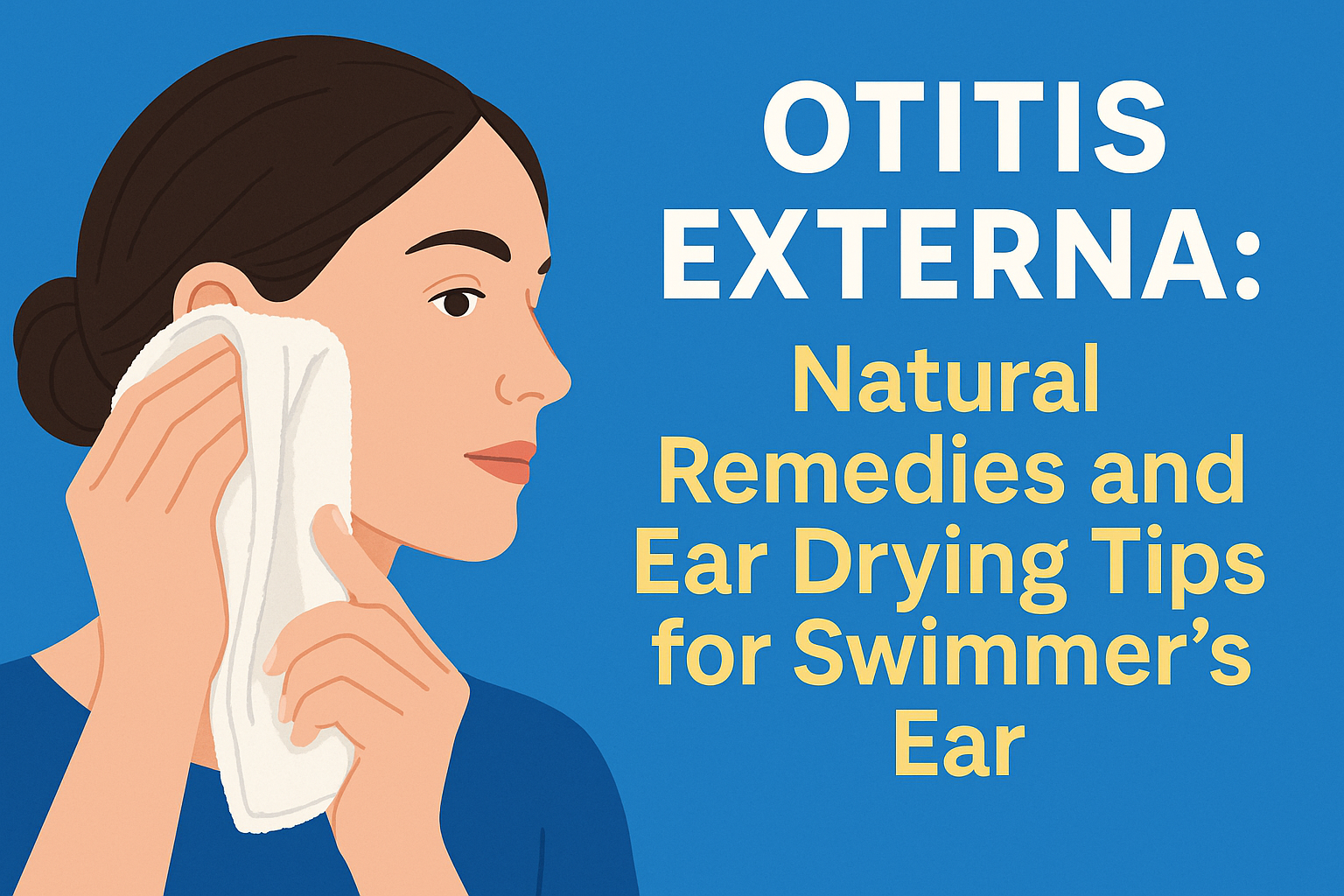 An illustration of a woman drying her ear with a towel, with large text reading 'Otitis Externa: Natural Remedies and Ear Drying Tips for Swimmer’s Ear' on a blue background