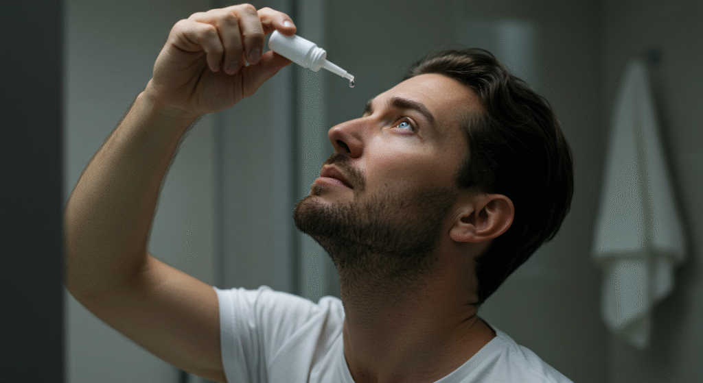 a man tilting his head back while putting in eye drops