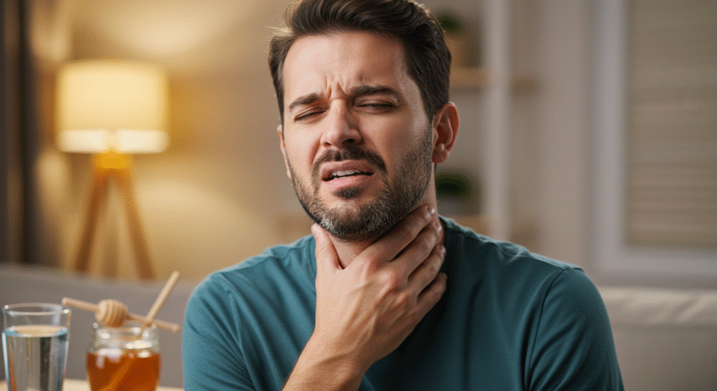 Man holding his throat in pain with a strained expression, showing symptoms of laryngitis in a softly lit indoor setting.