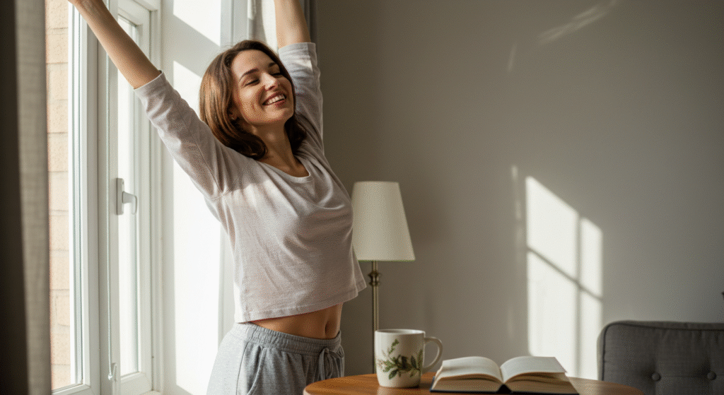 Happy woman stretching by a sunny window, looking refreshed and peaceful after recovery in a calm morning setting.
