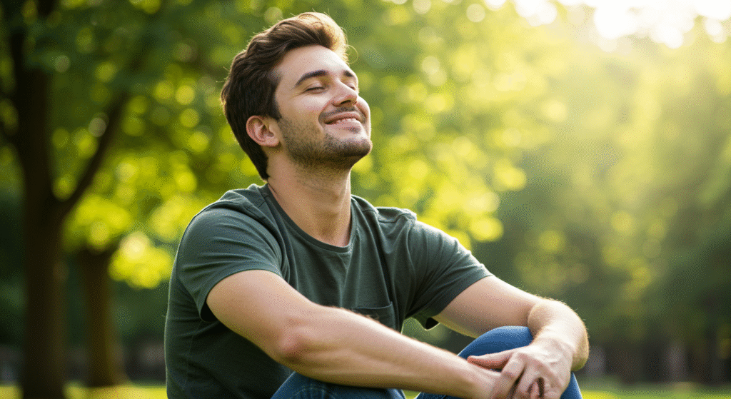 man relaxing in sunlight after ear pain relief
