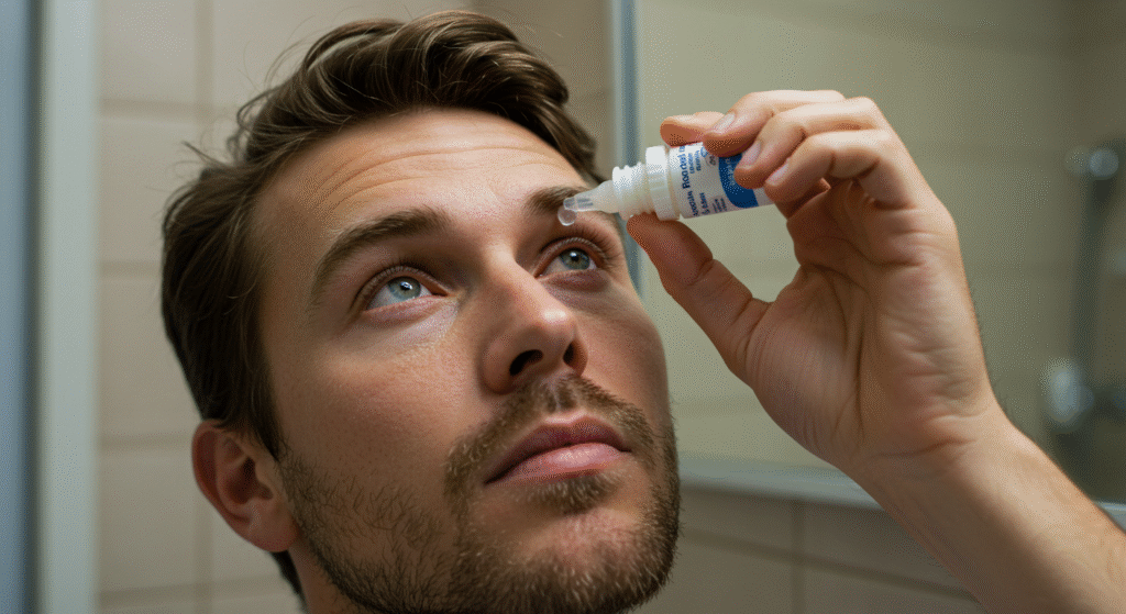 A man putting eye drops into his eye