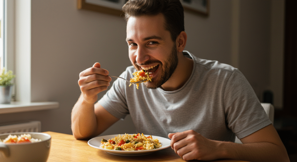 A man happily eating his food