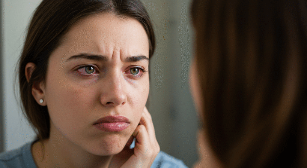 A woman with conjunctivitis frowning while looking at herself in the mirror