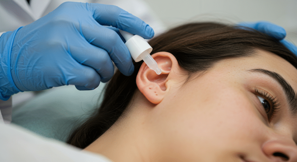A patient lies on their side with their head fully turned, as a healthcare provider prepares to apply ear drops using a soft plastic dropper in a clean medical setting