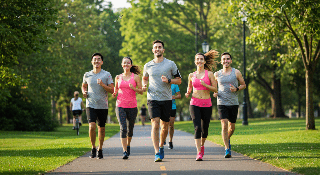 A group of diverse people jogging together